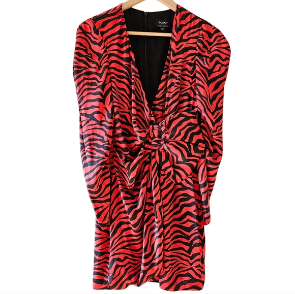 Bardot Red Animal Print VNeckline Long Sleeve Wrap Style Mini Dress Size US 6. - Picture 6 of 16